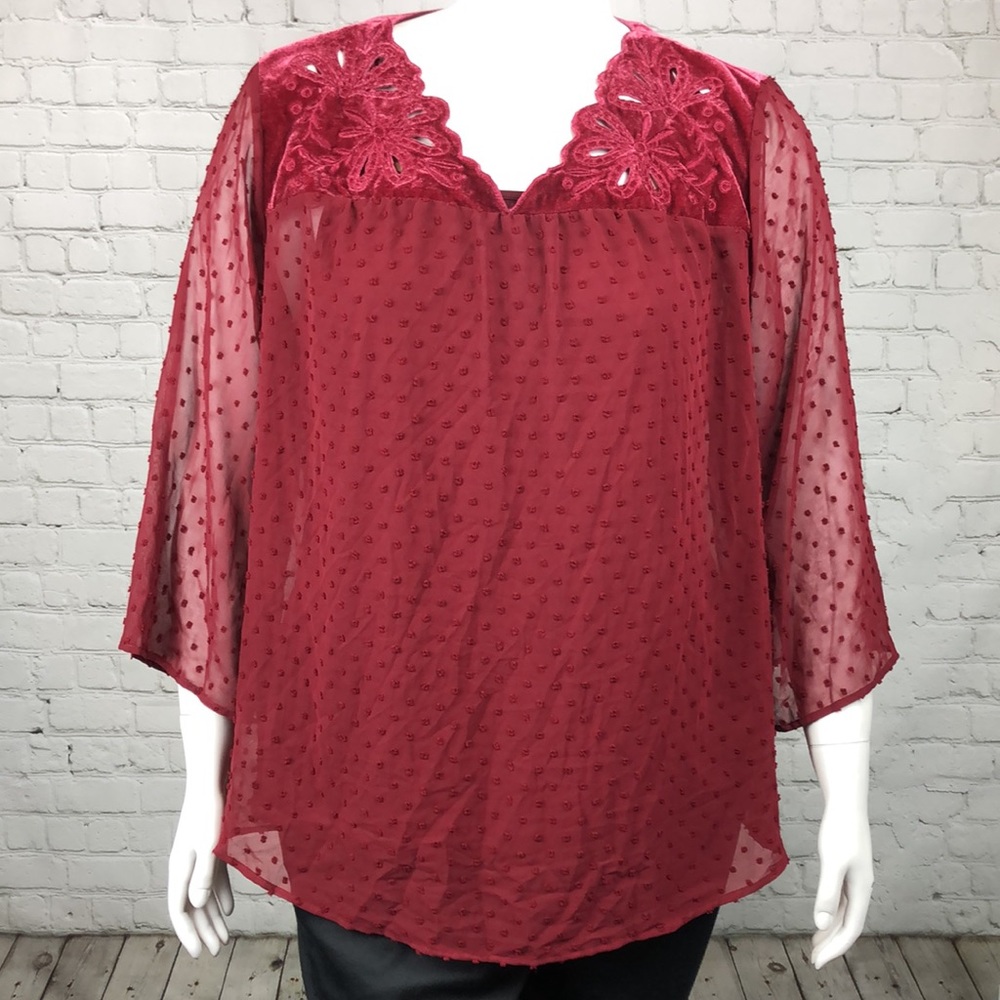 2X 3X Style & Co Burgundy Swiss Dot Velvet Top - Picture 2 of 7